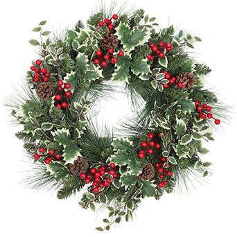 24 Inch Holly Pine Christmas Wreath with 30 Soft White LED Lights and Timer