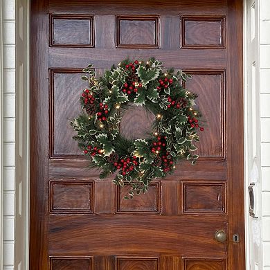 24 Inch Holly Pine Christmas Wreath with 30 Soft White LED Lights and Timer