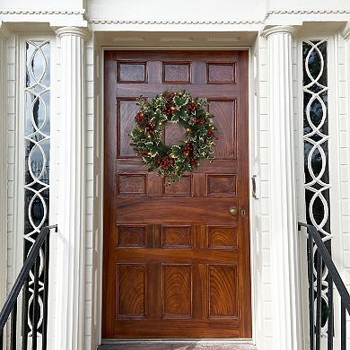 24 Inch Holly Pine Christmas Wreath with 30 Soft White LED Lights and Timer