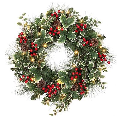 24 Inch Holly Pine Christmas Wreath with 30 Soft White LED Lights and Timer
