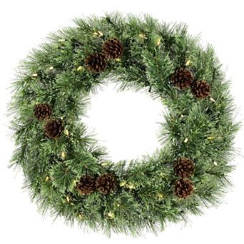 24 Inch Cashmere Christmas Wreath with 50 Warm White LED Lights - Battery-Operated with Timer