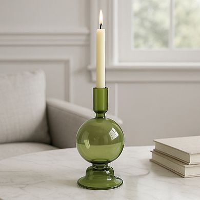 Glass Taper Candle Holder with Rounded Globe Pedestal Base Design