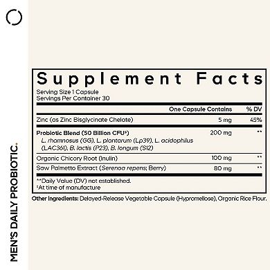 Codeage Men’s Daily Probiotic 50B CFU, Zinc, Saw Palmetto, Inulin, 30 ct