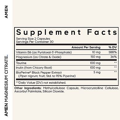 Amen Magnesium Citrate, Vitamin B6, Taurine, Inulin Chicory Root, BioPerine, 60 ct