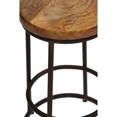24 Inch Mango Wood Counter Height Barstool With Iron Base, Brown And Black