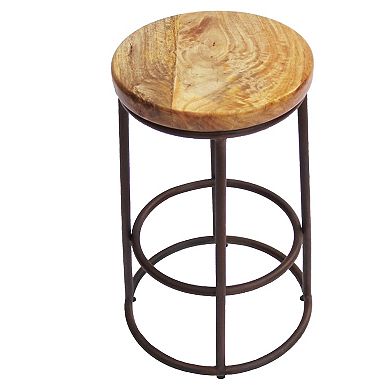 24 Inch Mango Wood Counter Height Barstool With Iron Base, Brown And Black