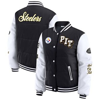 Women's WEAR by Erin Andrews Black Pittsburgh Steelers Varsity Full-Snap Puffer Jacket