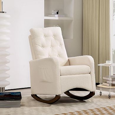 Nursery Rocking Chair, Comfy Upholstered Glider Rocker Armchair with Rubber Wood Legs High Back