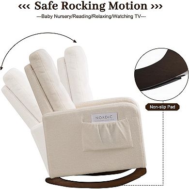 Nursery Rocking Chair, Comfy Upholstered Glider Rocker Armchair with Rubber Wood Legs High Back