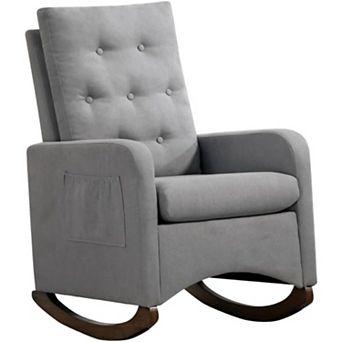 Nursery Rocking Chair, Comfy Upholstered Glider Rocker Armchair with Rubber Wood Legs High Back