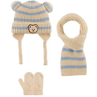 Infants Knitted Bear Winter Beanie 3 pc Set-Beanie-Gloves-Scarf With Earflaps For Baby Boys