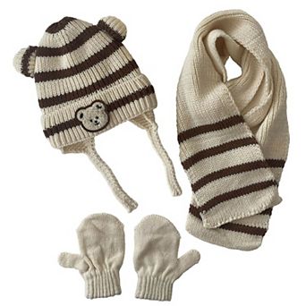 Infants Knitted Bear Winter Beanie 3 pc Set-Beanie-Gloves-Scarf With Earflaps For Baby Boys