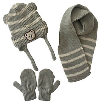 Infants Knitted Bear Winter Beanie 3 pc Set-Beanie-Gloves-Scarf With Earflaps For Baby Boys