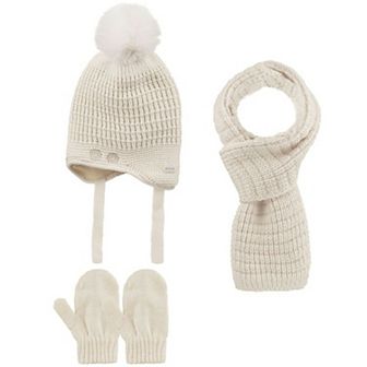 Infants Knitted Paw Winter Beanie 3 pc Set-Beanie-Gloves-Scarf With Earflaps For Baby Girls