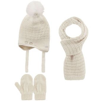 Infants Knitted Paw Winter Beanie 3 pc Set-Beanie-Gloves-Scarf With Earflaps For Baby Girls