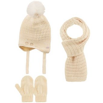 Infants Knitted Paw Winter Beanie 3 pc Set-Beanie-Gloves-Scarf With Earflaps For Baby Girls