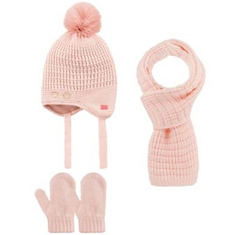 Infants Knitted Paw Winter Beanie 3 pc Set-Beanie-Gloves-Scarf With Earflaps For Baby Girls