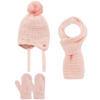 Infants Knitted Paw Winter Beanie 3 pc Set-Beanie-Gloves-Scarf With Earflaps For Baby Girls