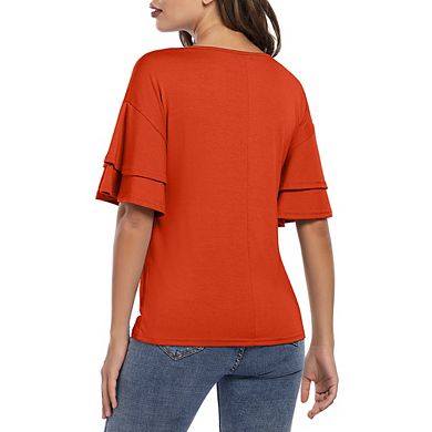 Women's Casual Blouses Ruffle Sleeve T Shirts V Neck Double Tiered Bell Sleeve Top
