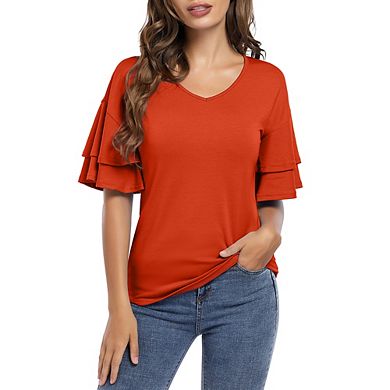 Women's Casual Blouses Ruffle Sleeve T Shirts V Neck Double Tiered Bell Sleeve Top