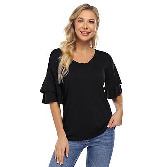 Women's Casual Blouses Ruffle Sleeve T Shirts V Neck Double Tiered Bell Sleeve Top