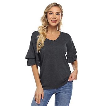 Women's Casual Blouses Ruffle Sleeve T Shirts V Neck Double Tiered Bell Sleeve Top