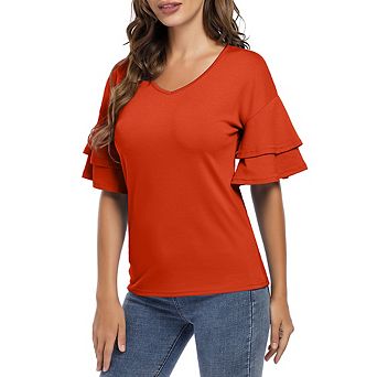 Women's Casual Blouses Ruffle Sleeve T Shirts V Neck Double Tiered Bell Sleeve Top