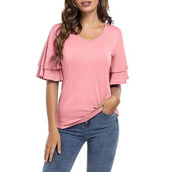 Women's Casual Blouses Ruffle Sleeve T Shirts V Neck Double Tiered Bell Sleeve Top
