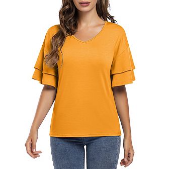 Women's Casual Blouses Ruffle Sleeve T Shirts V Neck Double Tiered Bell Sleeve Top