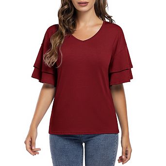 Women's Casual Blouses Ruffle Sleeve T Shirts V Neck Double Tiered Bell Sleeve Top
