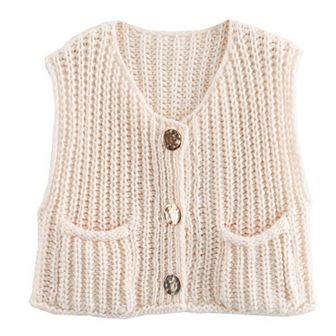 Women's Sleeveless Crochet Cardigan Button Down Summer Top with Pockets