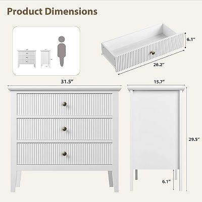 Fluted 3 Drawer Dresser, 31.5 Inch Wide Dresser Nightstand for Bedroom, Modern Wood Chest of Drawers,White