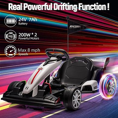 Ride On Go Kart for Kids, 24V 7Ah Battery Two 200W Motors, 8MPH Fast Drifting Circling Car
