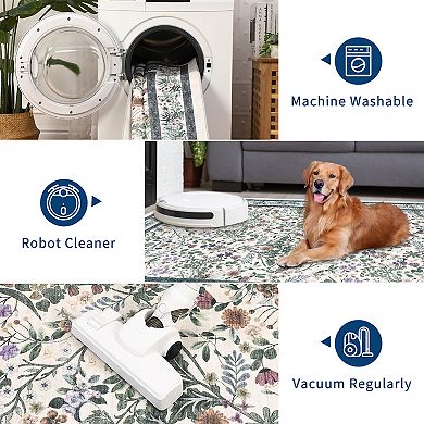 Washable Folding Floral Print Area Rug with Non - Slip Backing