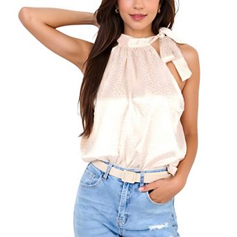 Women's Sleeveless Satin Blouse with Bow Tie Neck and Animal Print for Casual Looks
