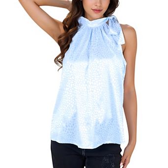 Women's Sleeveless Satin Blouse with Bow Tie Neck and Animal Print for Casual Looks