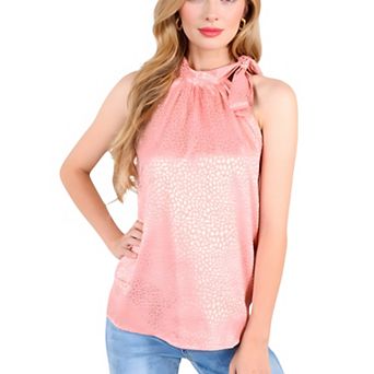 Women's Sleeveless Satin Blouse with Bow Tie Neck and Animal Print for Casual Looks