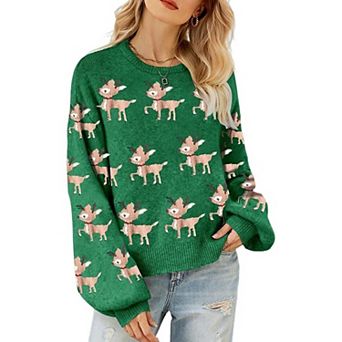 Women's Ugly Christmas Pullover Sweater, Cute Santa Cozy Knit Crewneck Xmas Holiday Party