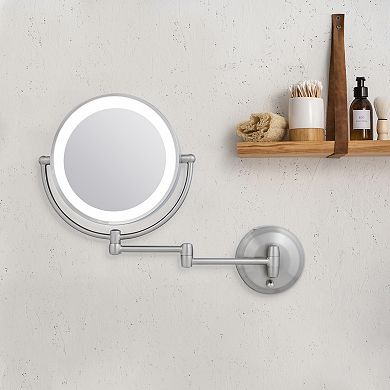 LED Lighted Wall Mount Bathroom Mirror with 10X/1X Magnification Extendable Arm Battery or Adapter