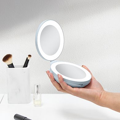Folding LED Lighted Travel Mirror with Magnifications 10X/1X - Adjustable Compact Mirror