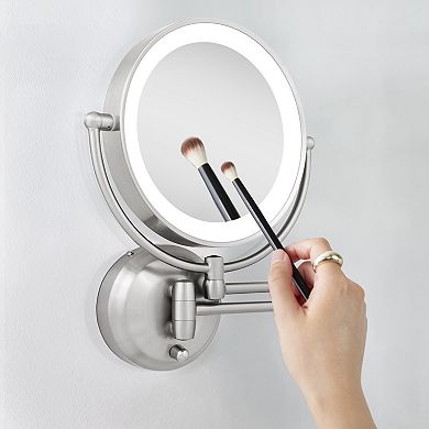 LED Lighted Wall Mounted Bathroom Mirror with 5X/1X Magnification Extendable Arm Battery or Adapter