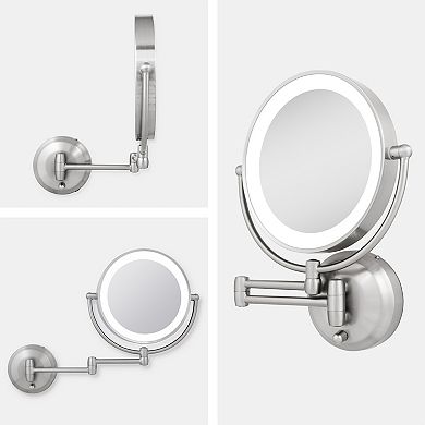 LED Lighted Wall Mounted Bathroom Mirror with 5X/1X Magnification Extendable Arm Battery or Adapter