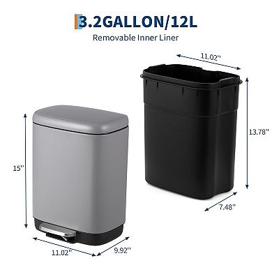 3.2 Gallon Stainless Steel Trash Can, Step-on Waste Bin with Inner Bucket, Grey