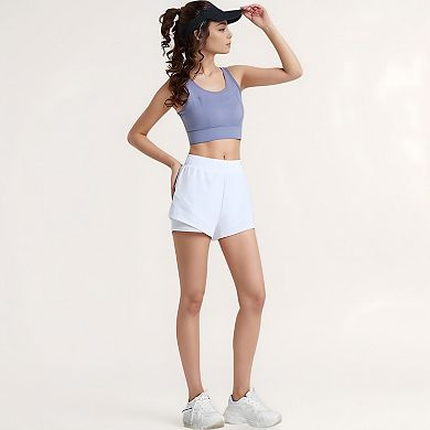 Women's High Waist Layered Active Shorts with Inner Compression Liner and Wide Elastic Waistband