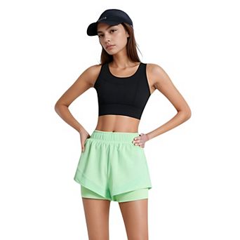 Women's High Waist Layered Active Shorts with Inner Compression Liner and Wide Elastic Waistband