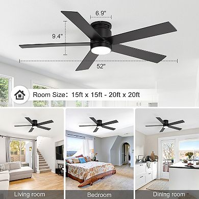 52-Inch Ceiling Fan with LED Light, 5 Plywood Blades, Remote Control, DC Motor, Flush Mount Design