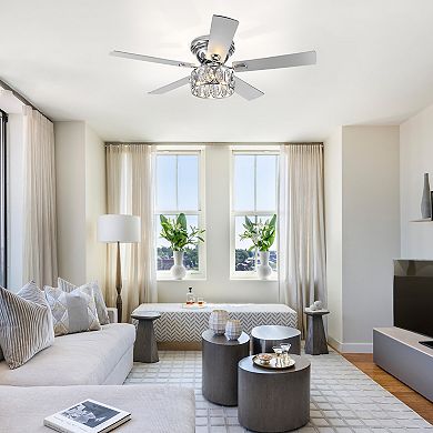 52'' Flush Mount Ceiling Fan with Light Kit, Indoor Crystal Fan, 5 Blades, 6-Speed DC Motor, Remote