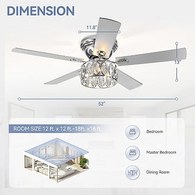 52'' Flush Mount Ceiling Fan with Light Kit, Indoor Crystal Fan, 5 Blades, 6-Speed DC Motor, Remote