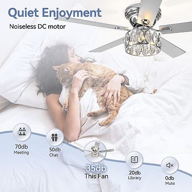 52'' Flush Mount Ceiling Fan with Light Kit, Indoor Crystal Fan, 5 Blades, 6-Speed DC Motor, Remote