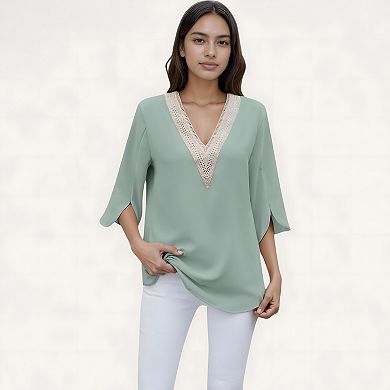 Women's Split Sleeve V-Neck Blouse with Crochet Detail